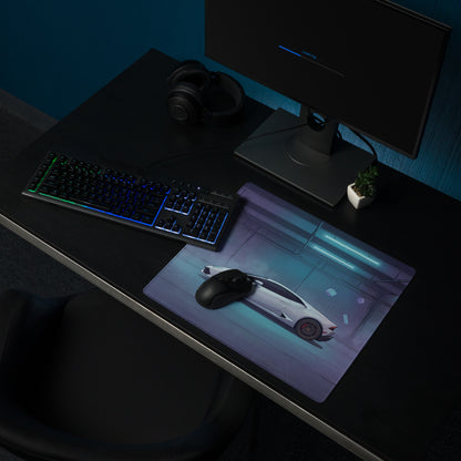 Lamborghini Huracán Inspired White Vaporwave Gaming Mouse Pad – Cyan Purple Neon Garage Desk Mat with Floating Geometric Shapes and Futuristic Supercar Art