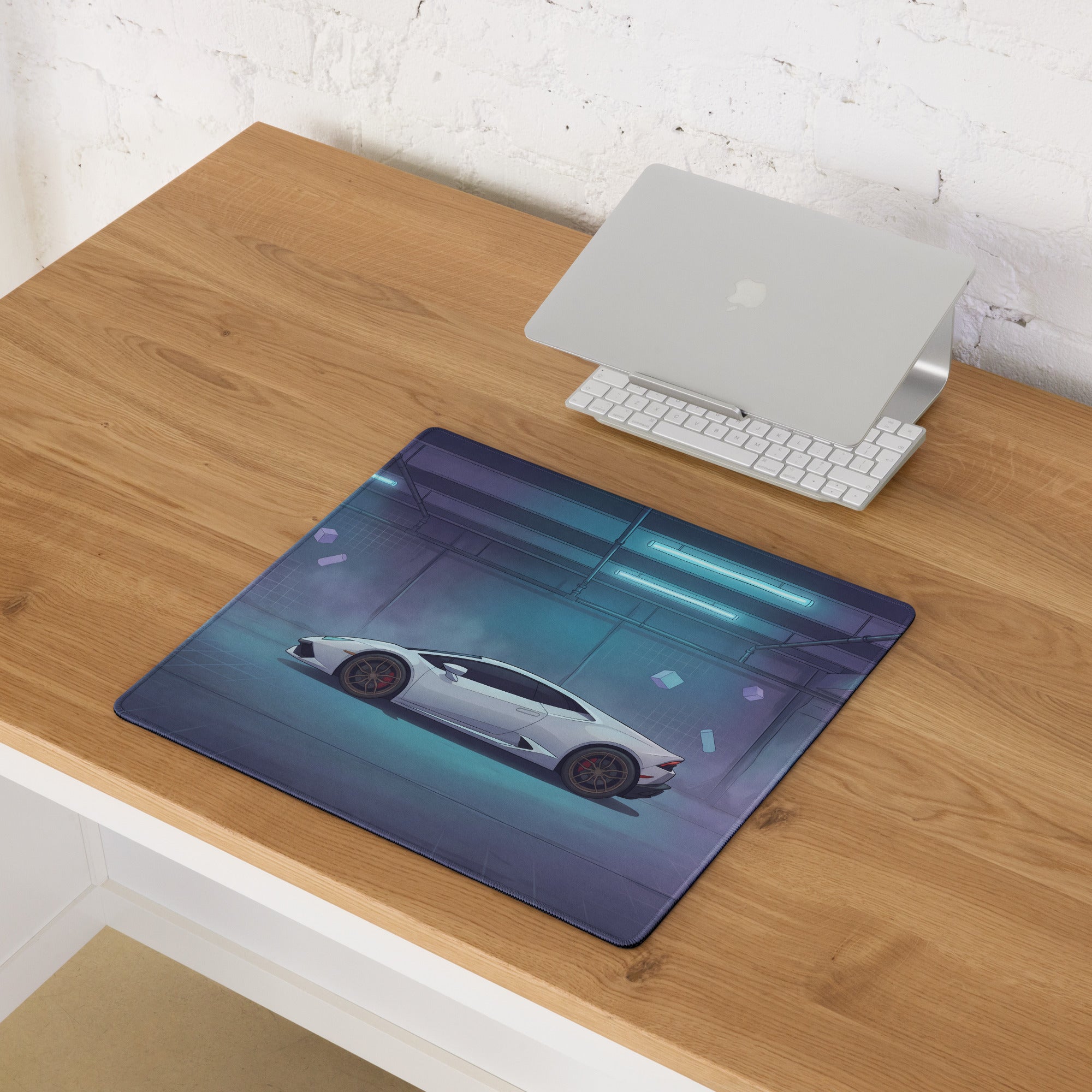 Lamborghini Huracán Inspired White Vaporwave Gaming Mouse Pad – Cyan Purple Neon Garage Desk Mat with Floating Geometric Shapes and Futuristic Supercar Art