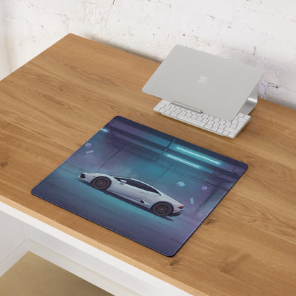 Lamborghini Huracán Inspired White Vaporwave Gaming Mouse Pad – Cyan Purple Neon Garage Desk Mat with Floating Geometric Shapes and Futuristic Supercar Art