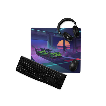Lamborghini SC63 Inspired Green Vaporwave Gaming Mouse Pad – Neon Sunset Garage Desk Mat with Palm Trees and Retro Futuristic Race Car Art