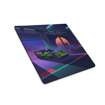 Lamborghini SC63 Inspired Green Vaporwave Gaming Mouse Pad – Neon Sunset Garage Desk Mat with Palm Trees and Retro Futuristic Race Car Art