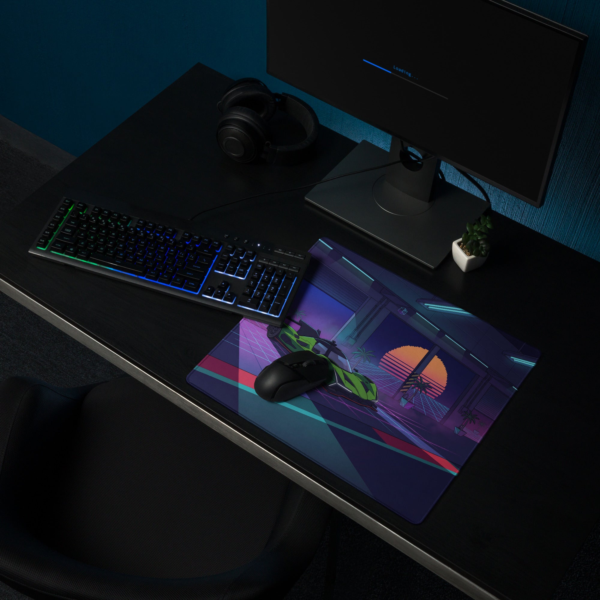 Lamborghini SC63 Inspired Green Vaporwave Gaming Mouse Pad – Neon Sunset Garage Desk Mat with Palm Trees and Retro Futuristic Race Car Art