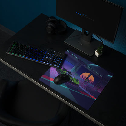 Lamborghini SC63 Inspired Green Vaporwave Gaming Mouse Pad – Neon Sunset Garage Desk Mat with Palm Trees and Retro Futuristic Race Car Art