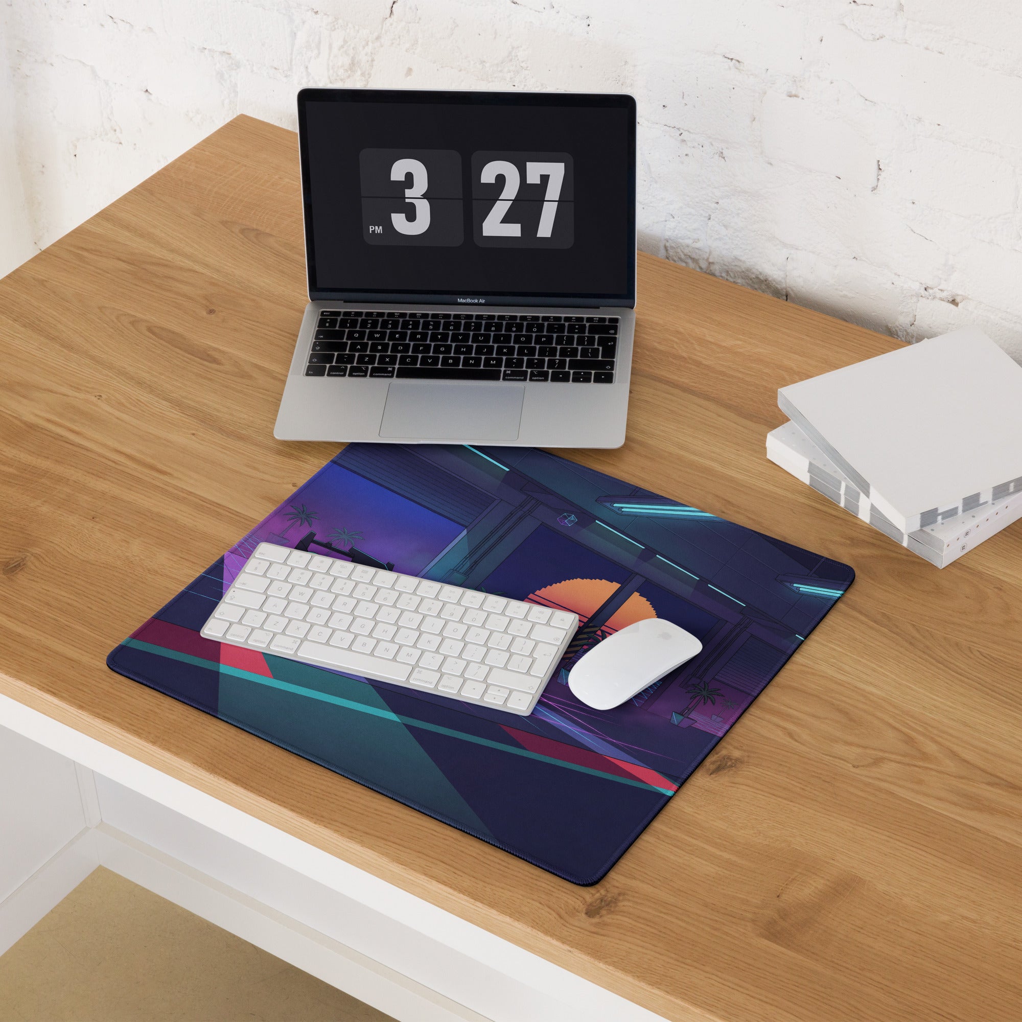 Lamborghini SC63 Inspired Green Vaporwave Gaming Mouse Pad – Neon Sunset Garage Desk Mat with Palm Trees and Retro Futuristic Race Car Art