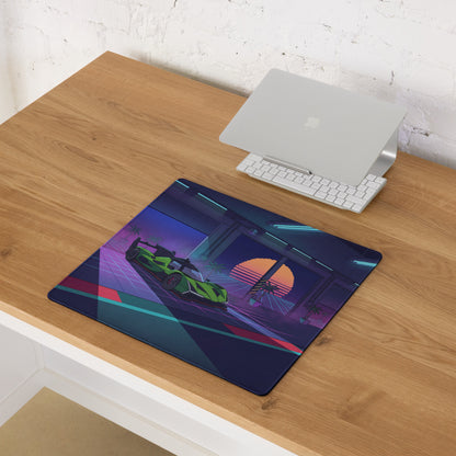 Lamborghini SC63 Inspired Green Vaporwave Gaming Mouse Pad – Neon Sunset Garage Desk Mat with Palm Trees and Retro Futuristic Race Car Art