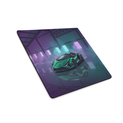 Lamborghini Sián Roadster Inspired Green Vaporwave Gaming Mouse Pad – Cyan Purple Neon Garage Desk Mat with Futuristic Supercar Digital Art