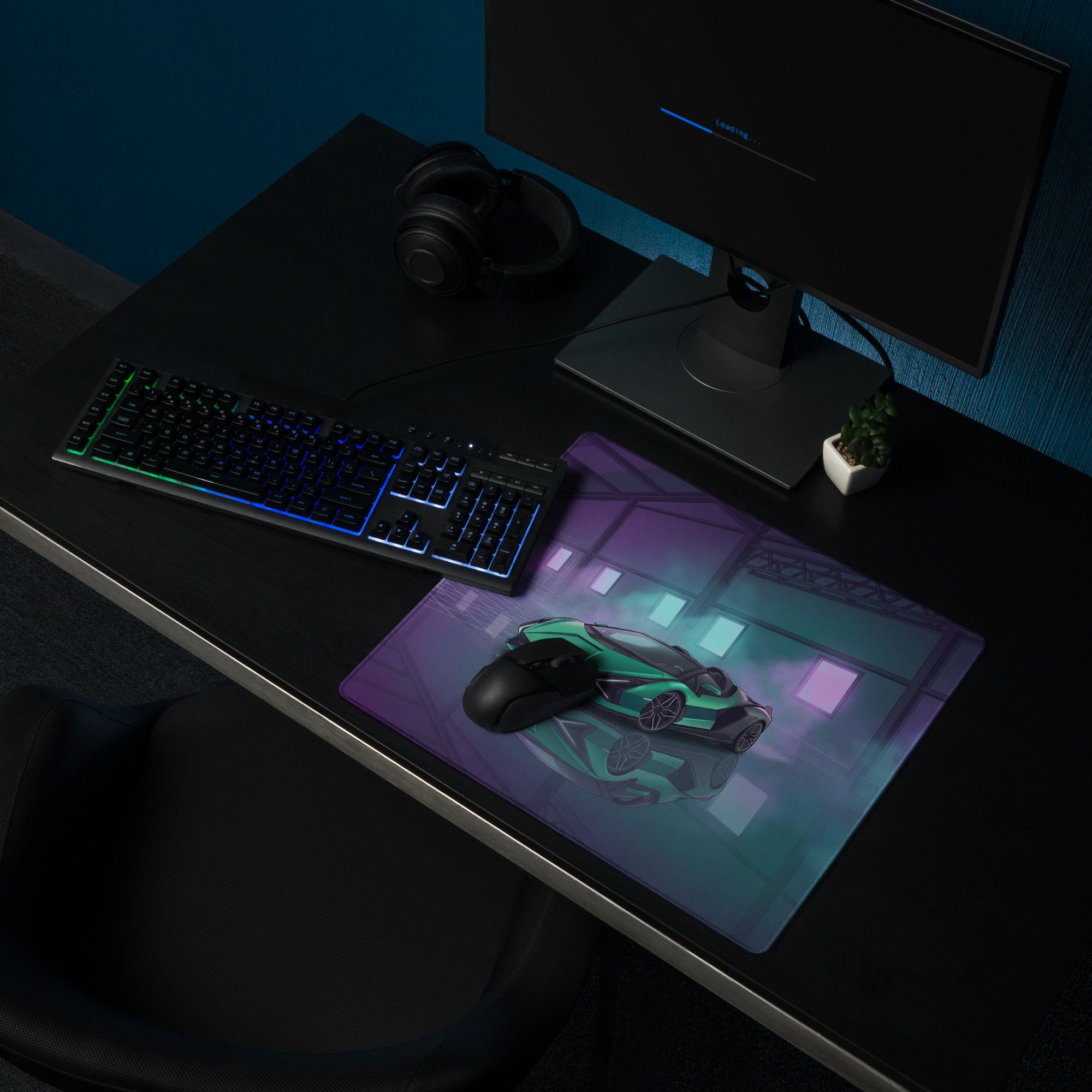Lamborghini Sián Roadster Inspired Green Vaporwave Gaming Mouse Pad – Cyan Purple Neon Garage Desk Mat with Futuristic Supercar Digital Art
