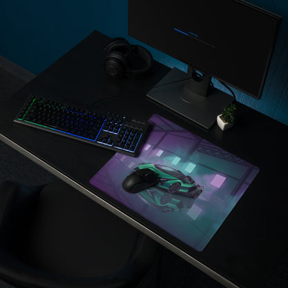 Lamborghini Sián Roadster Inspired Green Vaporwave Gaming Mouse Pad – Cyan Purple Neon Garage Desk Mat with Futuristic Supercar Digital Art