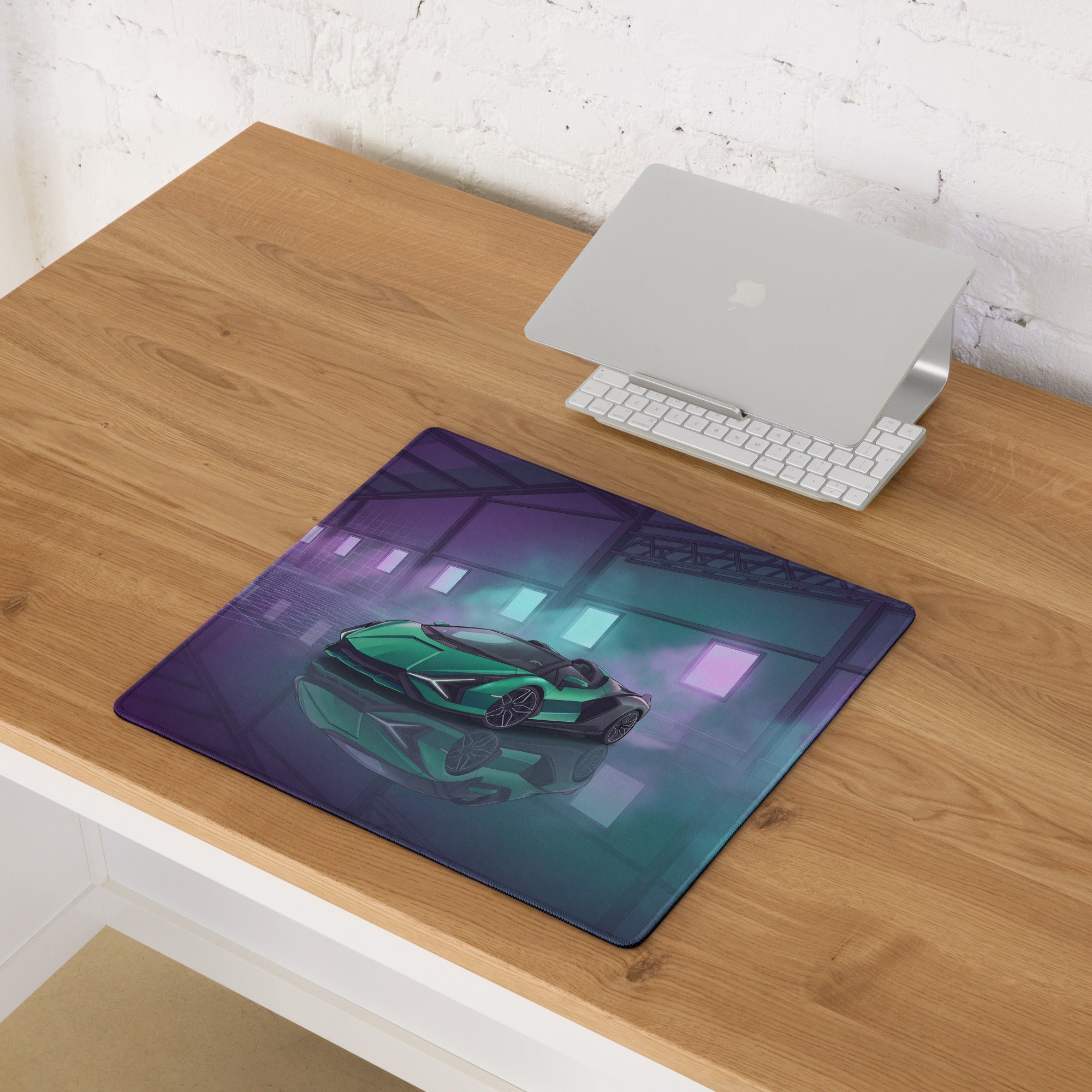 Lamborghini Sián Roadster Inspired Green Vaporwave Gaming Mouse Pad – Cyan Purple Neon Garage Desk Mat with Futuristic Supercar Digital Art