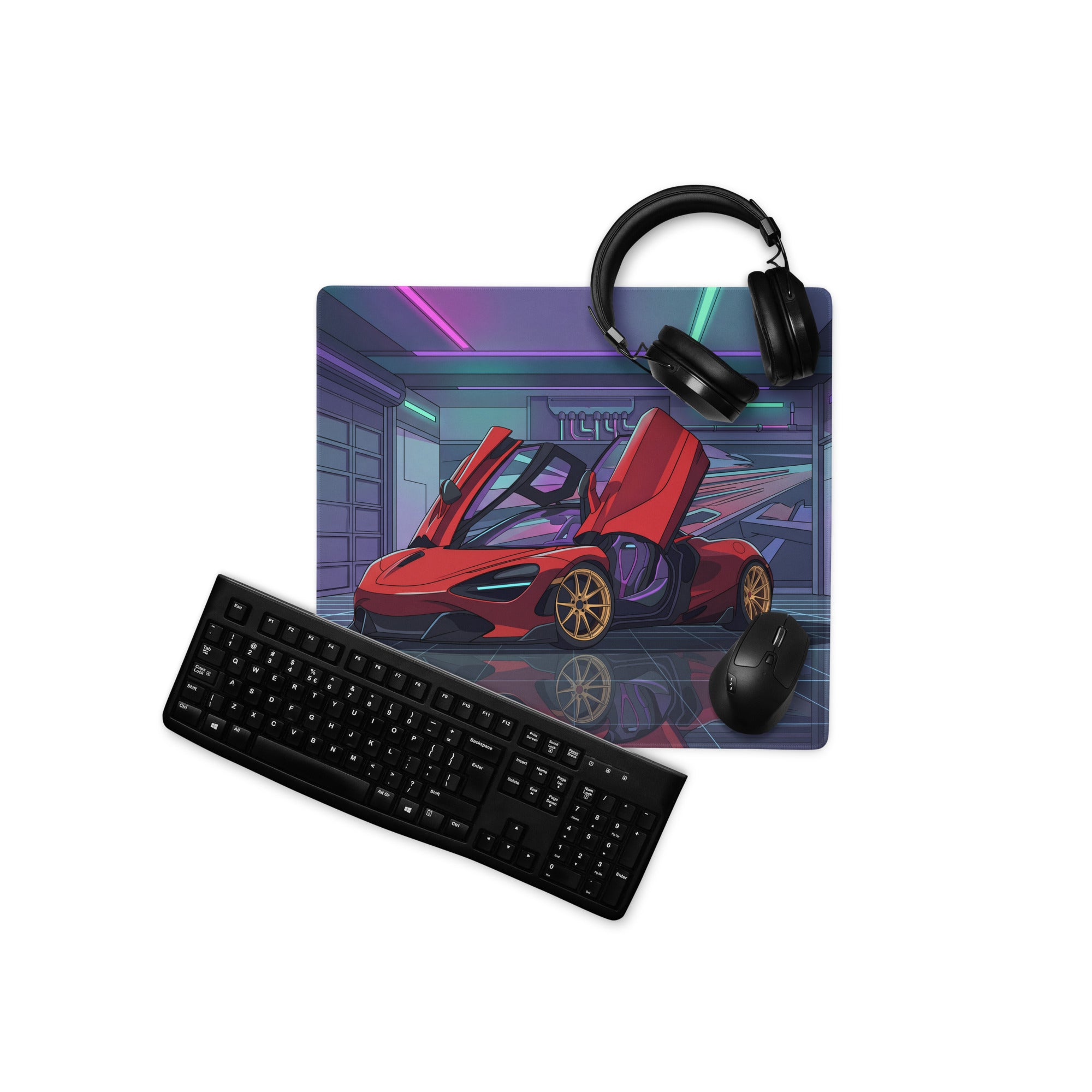 McLaren 765LT Spider Inspired Red Vaporwave Gaming Mouse Pad – Neon Cyberpunk Garage Desk Mat with Gold Wheels and Futuristic Supercar Digital Art