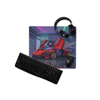McLaren 765LT Spider Inspired Red Vaporwave Gaming Mouse Pad – Neon Cyberpunk Garage Desk Mat with Gold Wheels and Futuristic Supercar Digital Art