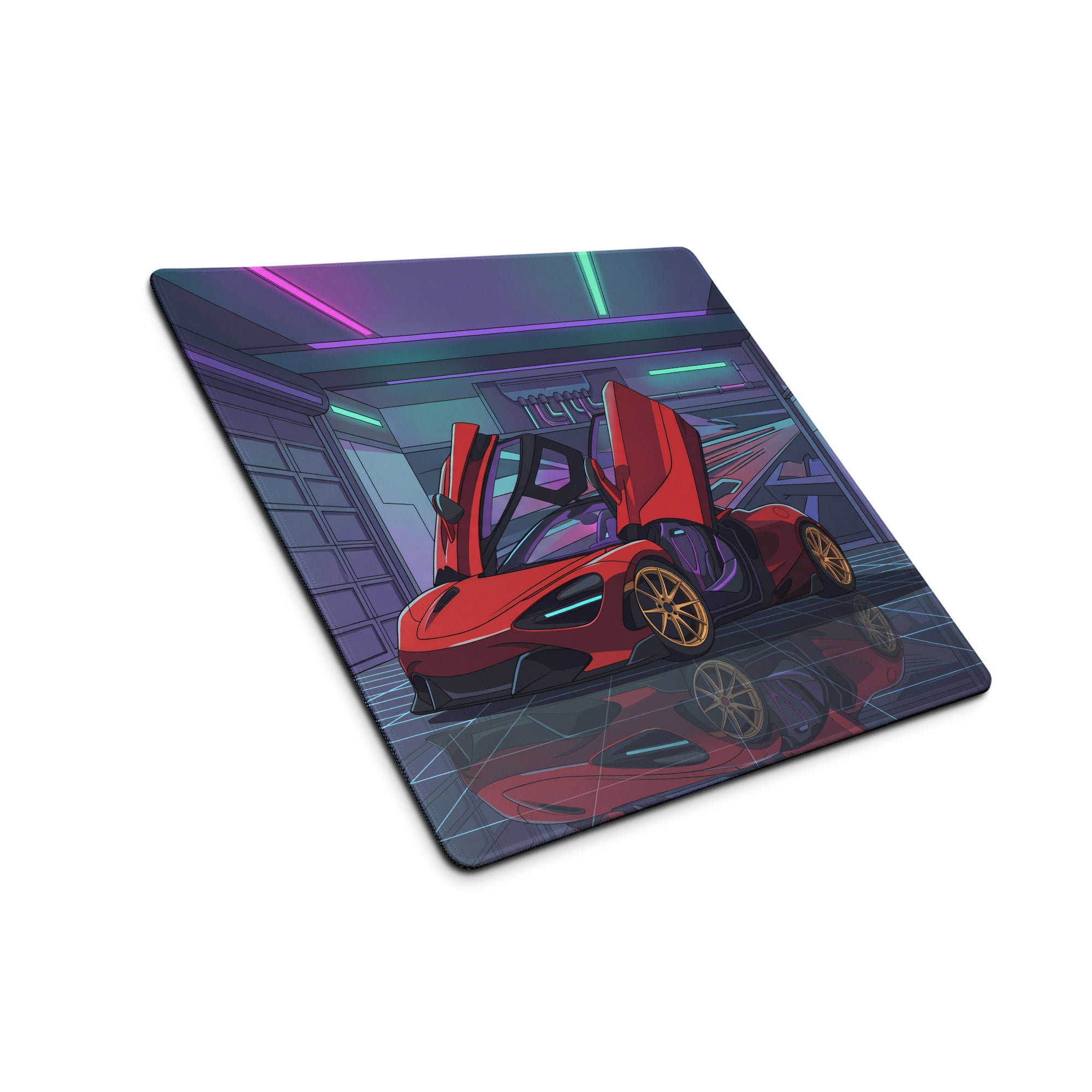 McLaren 765LT Spider Inspired Red Vaporwave Gaming Mouse Pad – Neon Cyberpunk Garage Desk Mat with Gold Wheels and Futuristic Supercar Digital Art