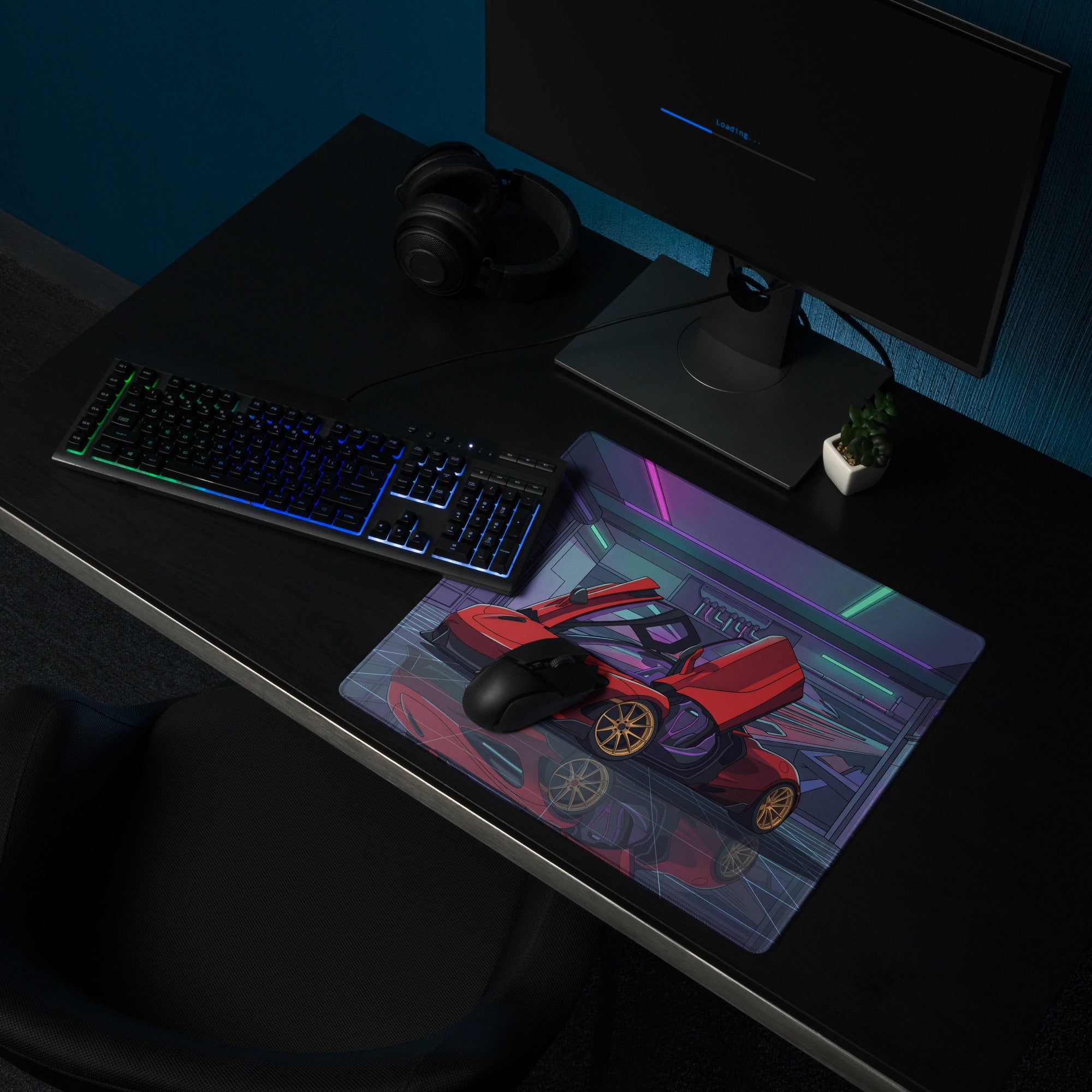 McLaren 765LT Spider Inspired Red Vaporwave Gaming Mouse Pad – Neon Cyberpunk Garage Desk Mat with Gold Wheels and Futuristic Supercar Digital Art