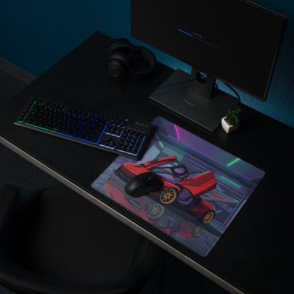 McLaren 765LT Spider Inspired Red Vaporwave Gaming Mouse Pad – Neon Cyberpunk Garage Desk Mat with Gold Wheels and Futuristic Supercar Digital Art