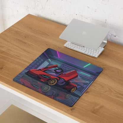 McLaren 765LT Spider Inspired Red Vaporwave Gaming Mouse Pad – Neon Cyberpunk Garage Desk Mat with Gold Wheels and Futuristic Supercar Digital Art