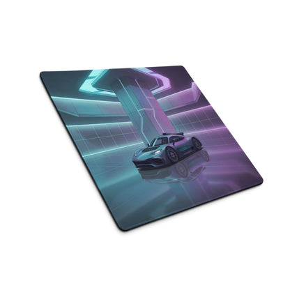 Mercedes-AMG One Inspired Silver Vaporwave Gaming Mouse Pad – Cyan Purple Neon Futuristic Garage Desk Mat with Sleek Sci-Fi Hypercar Digital Art