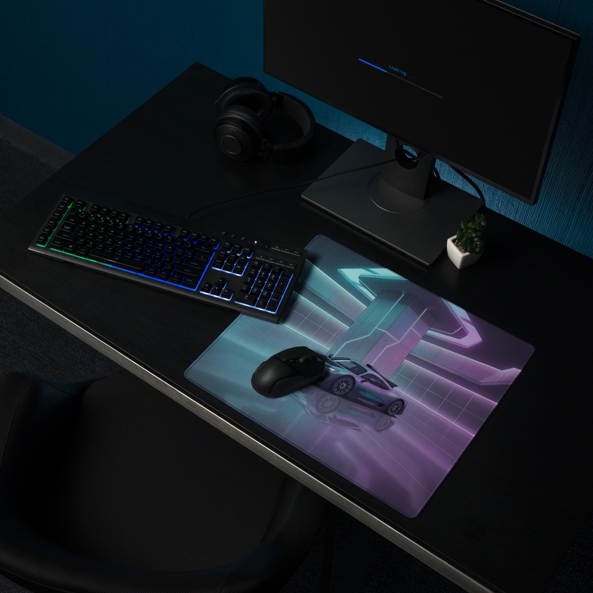 Mercedes-AMG One Inspired Silver Vaporwave Gaming Mouse Pad – Cyan Purple Neon Futuristic Garage Desk Mat with Sleek Sci-Fi Hypercar Digital Art