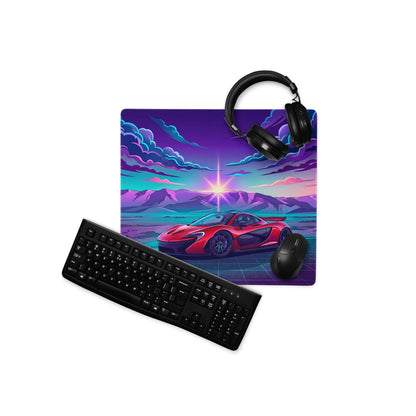 McLaren P1 Inspired Red Purple Vaporwave Gaming Mouse Pad – Neon Mountain Sunset Desk Mat with Retro Futuristic Grid and Synthwave Supercar Art