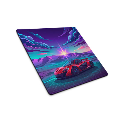 McLaren P1 Inspired Red Purple Vaporwave Gaming Mouse Pad – Neon Mountain Sunset Desk Mat with Retro Futuristic Grid and Synthwave Supercar Art