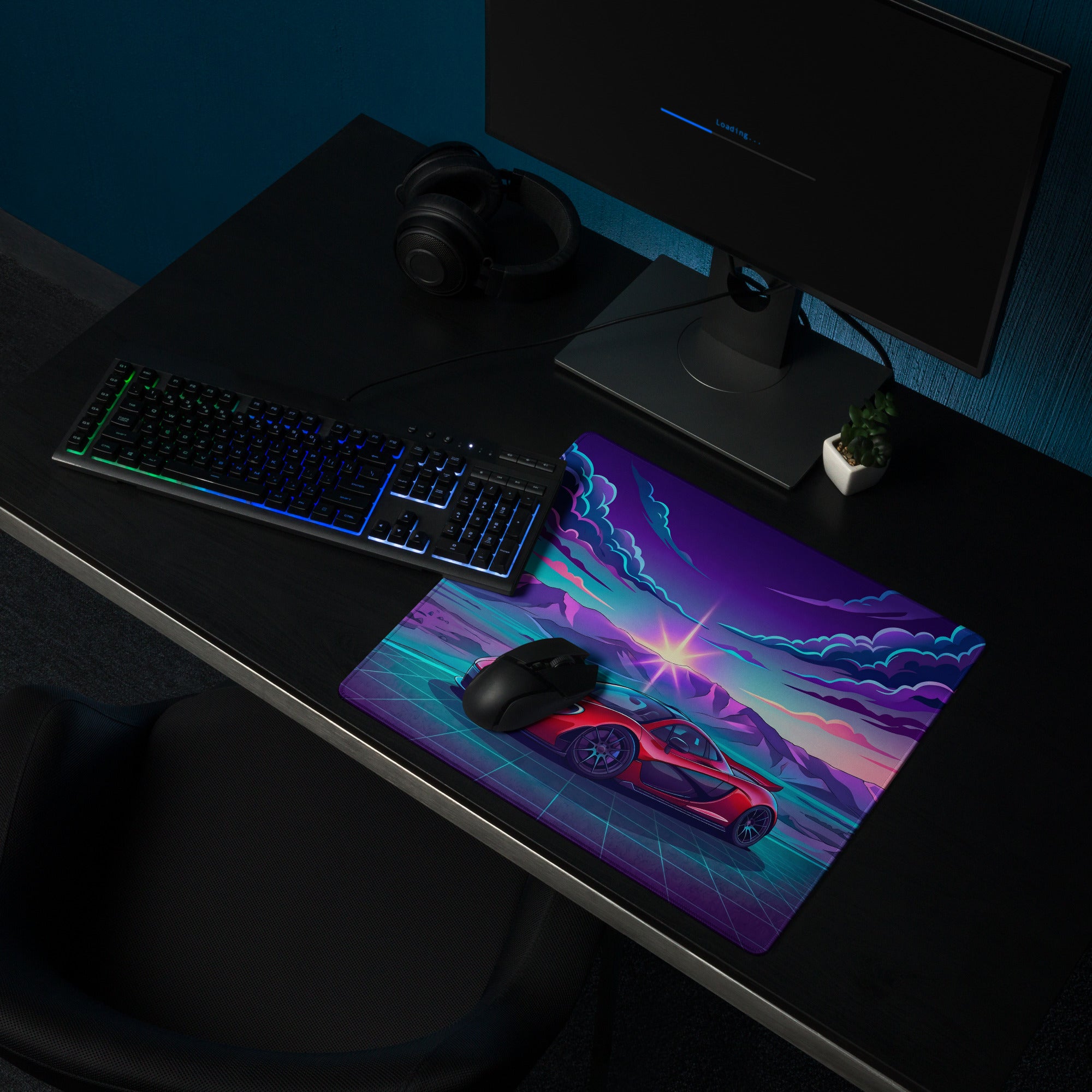 McLaren P1 Inspired Red Purple Vaporwave Gaming Mouse Pad – Neon Mountain Sunset Desk Mat with Retro Futuristic Grid and Synthwave Supercar Art