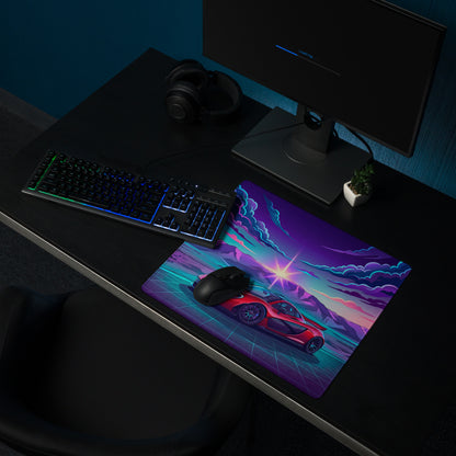 McLaren P1 Inspired Red Purple Vaporwave Gaming Mouse Pad – Neon Mountain Sunset Desk Mat with Retro Futuristic Grid and Synthwave Supercar Art