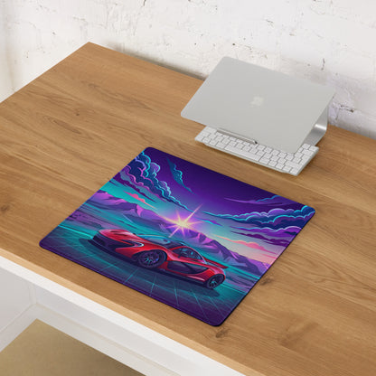 McLaren P1 Inspired Red Purple Vaporwave Gaming Mouse Pad – Neon Mountain Sunset Desk Mat with Retro Futuristic Grid and Synthwave Supercar Art