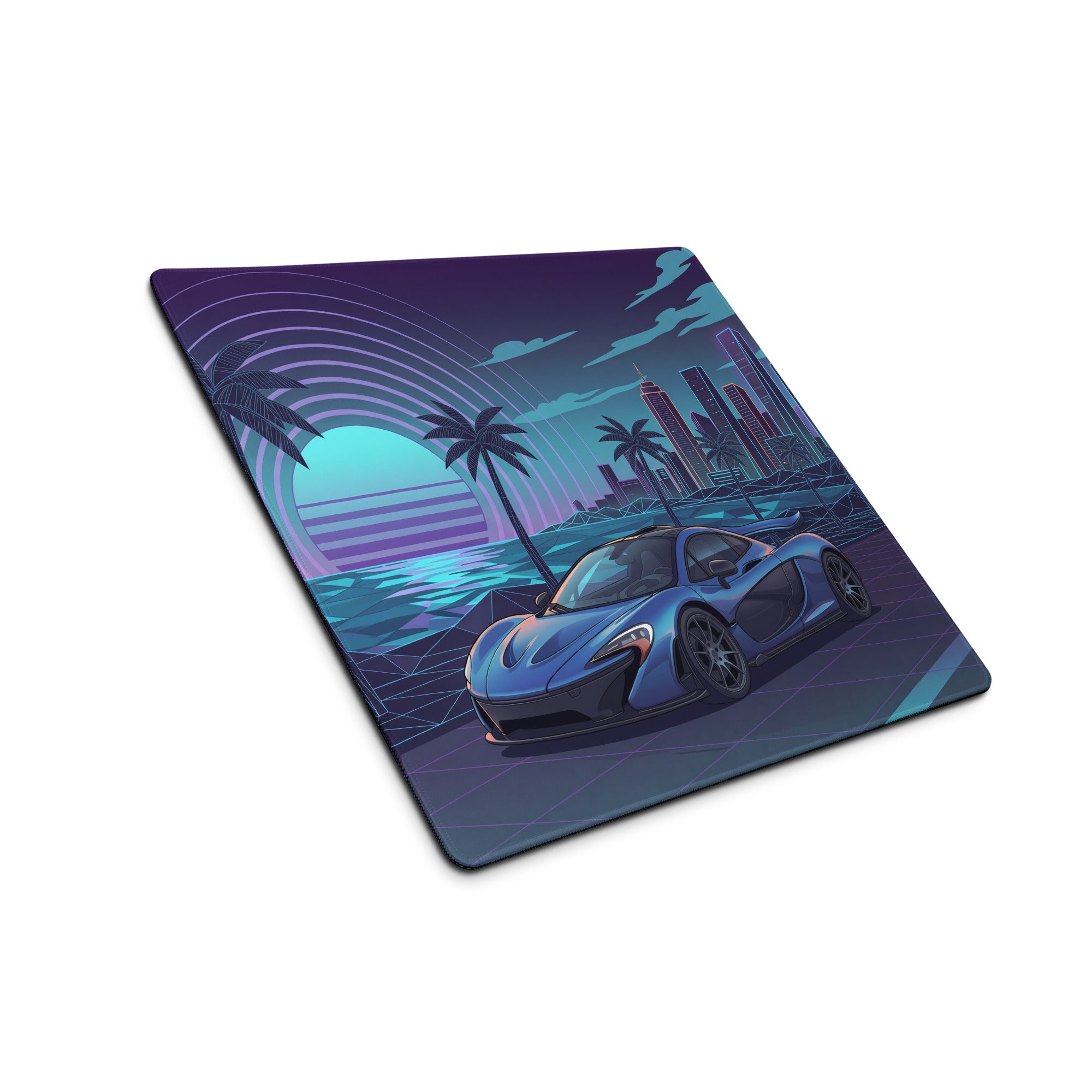 McLaren P1 Inspired Blue Purple Vaporwave Gaming Mouse Pad – Neon Coastal City Desk Mat with Retro Futuristic Sunset, Palm Trees and Supercar Art