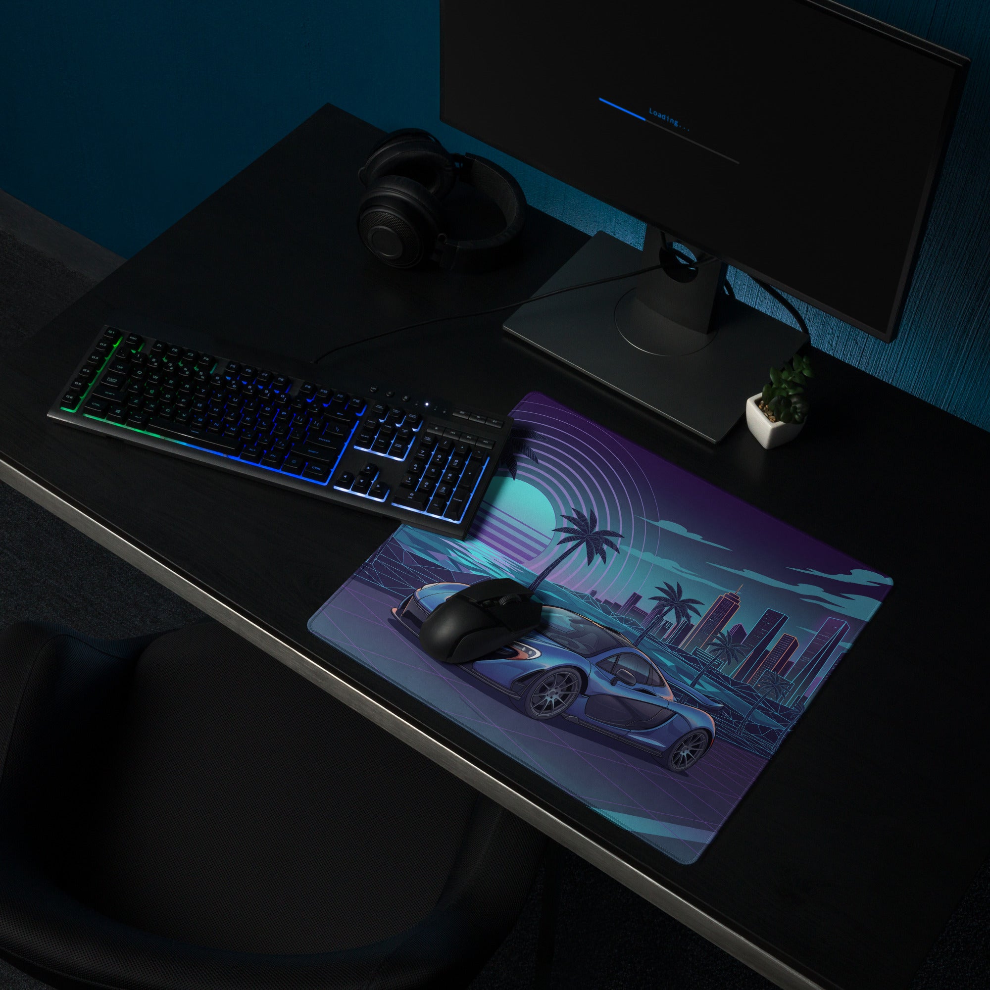 McLaren P1 Inspired Blue Purple Vaporwave Gaming Mouse Pad – Neon Coastal City Desk Mat with Retro Futuristic Sunset, Palm Trees and Supercar Art
