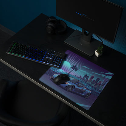 McLaren P1 Inspired Blue Purple Vaporwave Gaming Mouse Pad – Neon Coastal City Desk Mat with Retro Futuristic Sunset, Palm Trees and Supercar Art