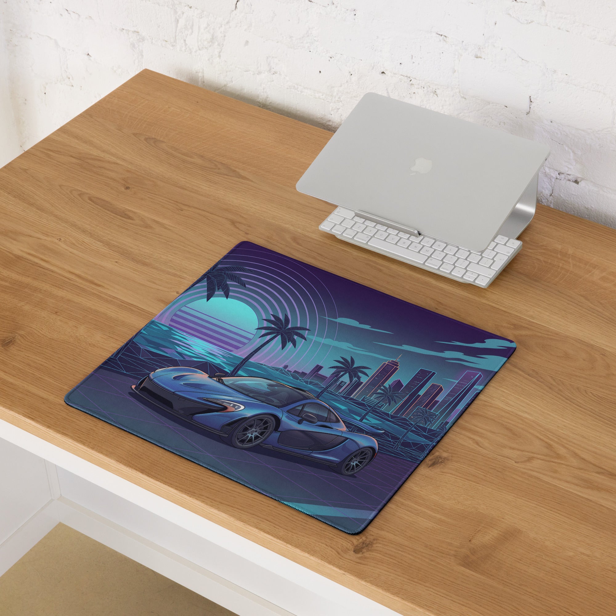 McLaren P1 Inspired Blue Purple Vaporwave Gaming Mouse Pad – Neon Coastal City Desk Mat with Retro Futuristic Sunset, Palm Trees and Supercar Art