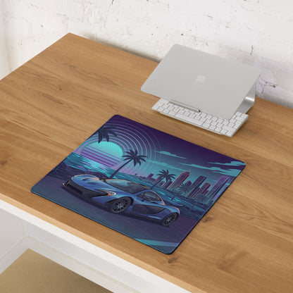 McLaren P1 Inspired Blue Purple Vaporwave Gaming Mouse Pad – Neon Coastal City Desk Mat with Retro Futuristic Sunset, Palm Trees and Supercar Art