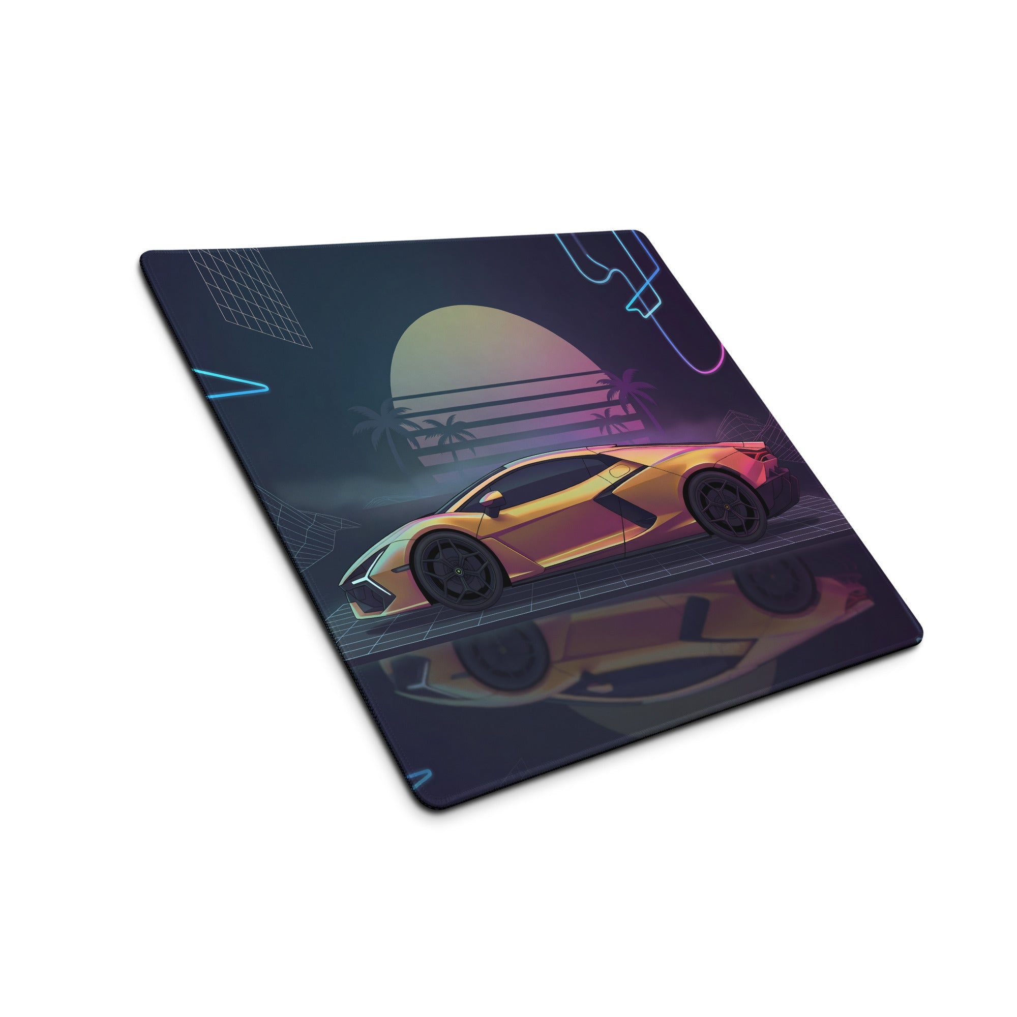 Lamborghini Revuelto Inspired Gold Pink Vaporwave Gaming Mouse Pad – Neon Retro Futuristic Grid Desk Mat with Synthwave Sunset and Supercar Art