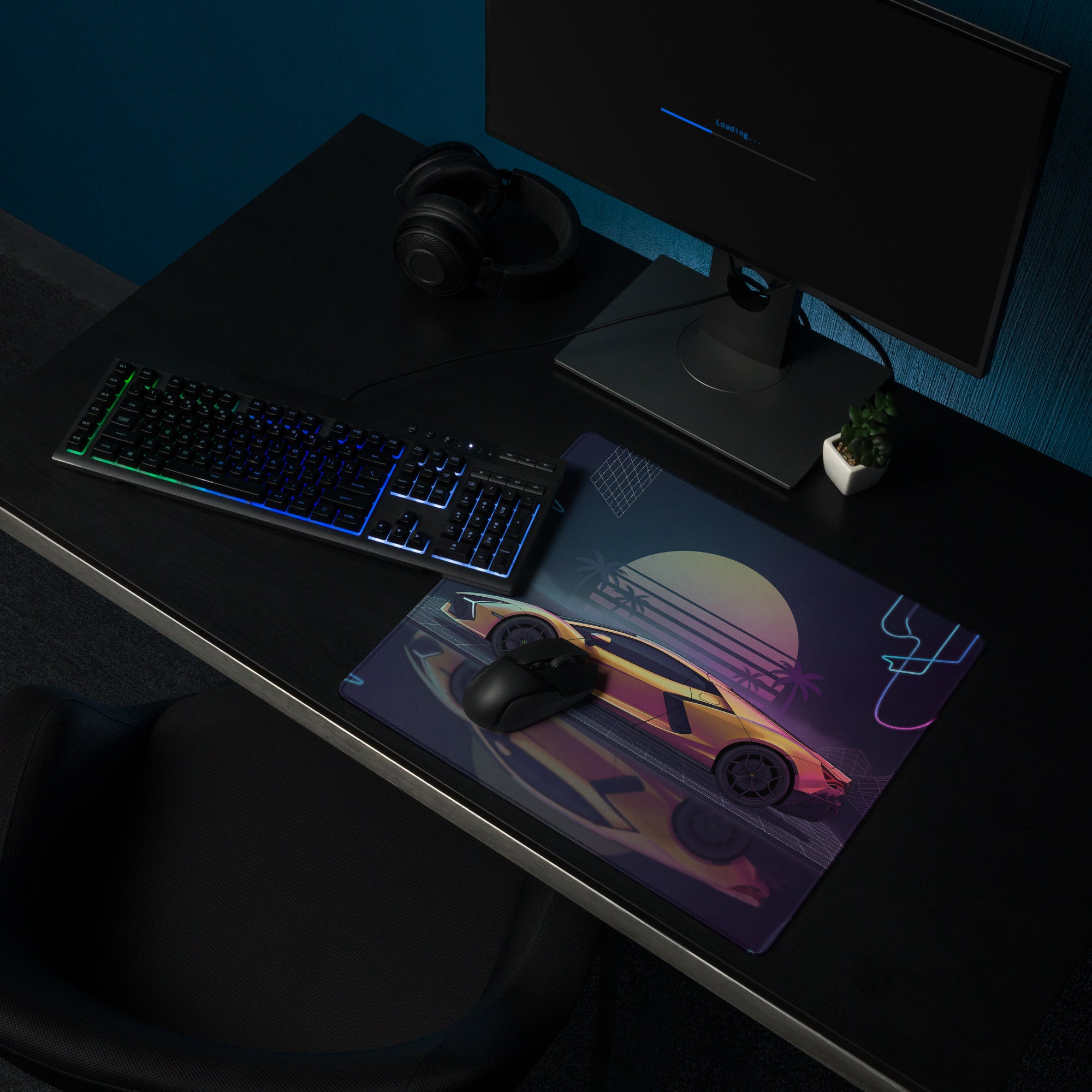 Lamborghini Revuelto Inspired Gold Pink Vaporwave Gaming Mouse Pad – Neon Retro Futuristic Grid Desk Mat with Synthwave Sunset and Supercar Art