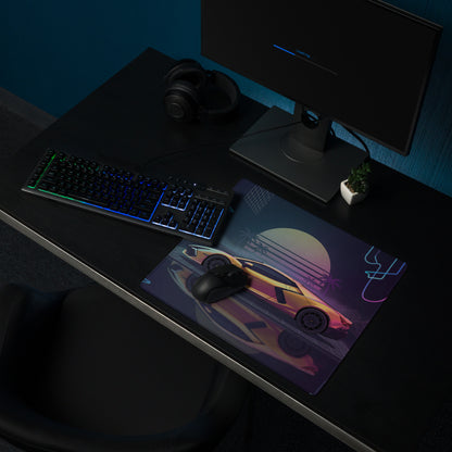 Lamborghini Revuelto Inspired Gold Pink Vaporwave Gaming Mouse Pad – Neon Retro Futuristic Grid Desk Mat with Synthwave Sunset and Supercar Art