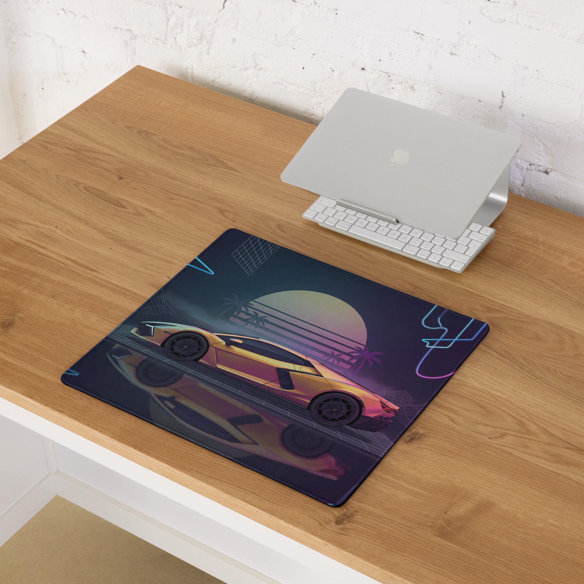Lamborghini Revuelto Inspired Gold Pink Vaporwave Gaming Mouse Pad – Neon Retro Futuristic Grid Desk Mat with Synthwave Sunset and Supercar Art