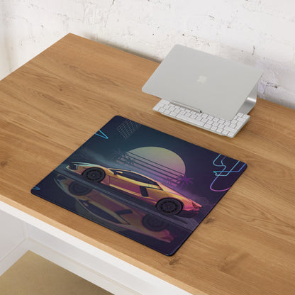 Lamborghini Revuelto Inspired Gold Pink Vaporwave Gaming Mouse Pad – Neon Retro Futuristic Grid Desk Mat with Synthwave Sunset and Supercar Art