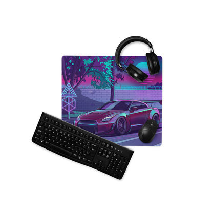 Nissan GT-R R35 Inspired Purple Cyan Vaporwave Gaming Mouse Pad – Neon Street Racing Desk Mat with Retro Futuristic Sunset and JDM Anime Art
