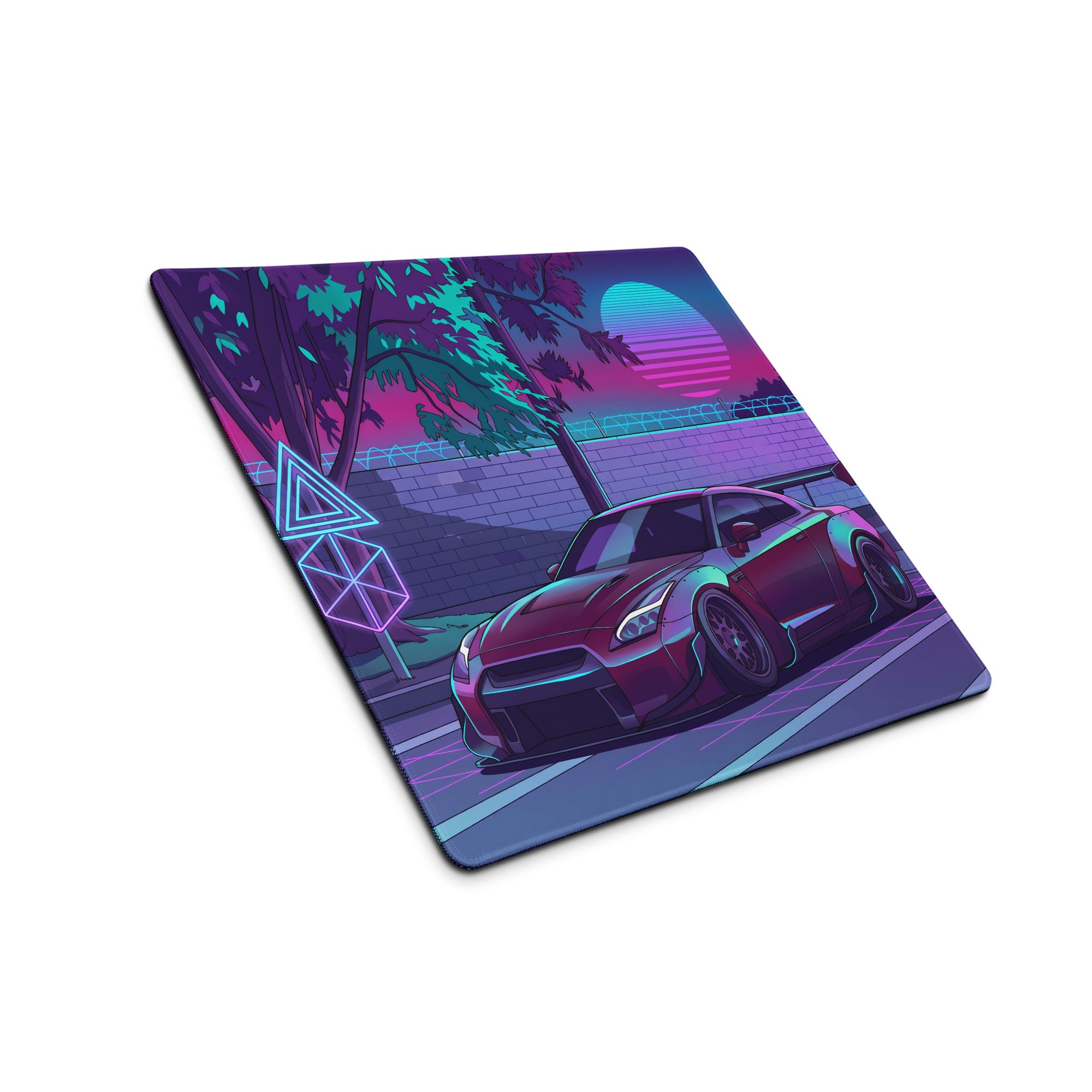 Nissan GT-R R35 Inspired Purple Cyan Vaporwave Gaming Mouse Pad – Neon Street Racing Desk Mat with Retro Futuristic Sunset and JDM Anime Art