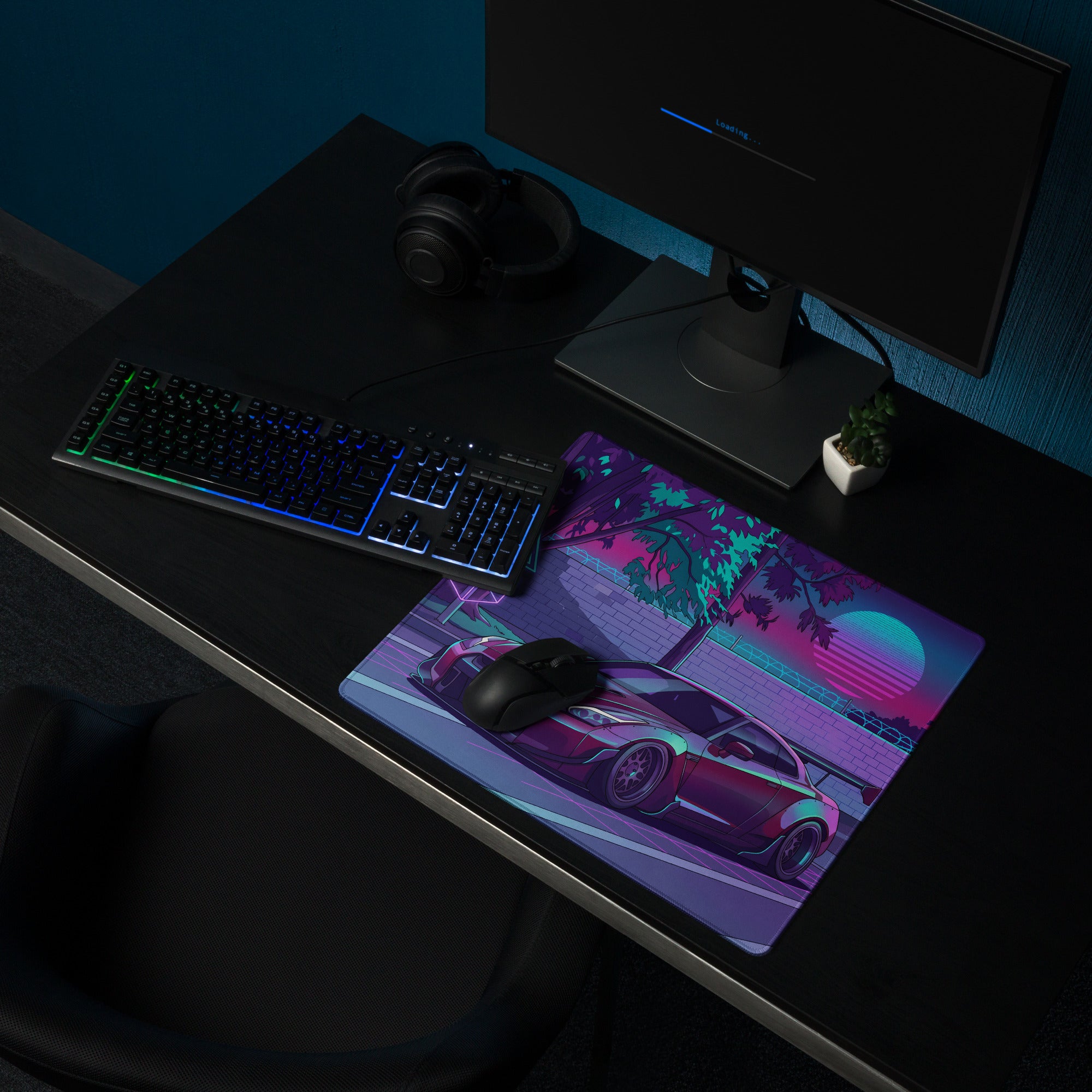 Nissan GT-R R35 Inspired Purple Cyan Vaporwave Gaming Mouse Pad – Neon Street Racing Desk Mat with Retro Futuristic Sunset and JDM Anime Art