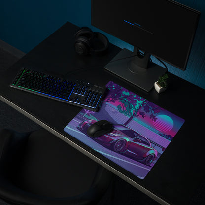 Nissan GT-R R35 Inspired Purple Cyan Vaporwave Gaming Mouse Pad – Neon Street Racing Desk Mat with Retro Futuristic Sunset and JDM Anime Art