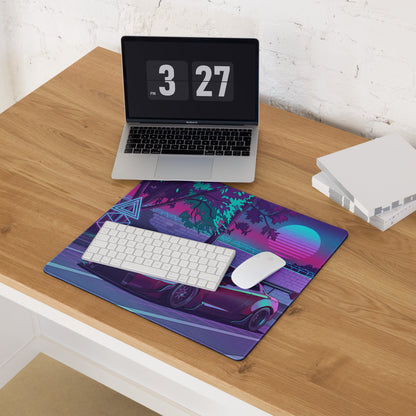 Nissan GT-R R35 Inspired Purple Cyan Vaporwave Gaming Mouse Pad – Neon Street Racing Desk Mat with Retro Futuristic Sunset and JDM Anime Art