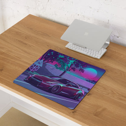 Nissan GT-R R35 Inspired Purple Cyan Vaporwave Gaming Mouse Pad – Neon Street Racing Desk Mat with Retro Futuristic Sunset and JDM Anime Art