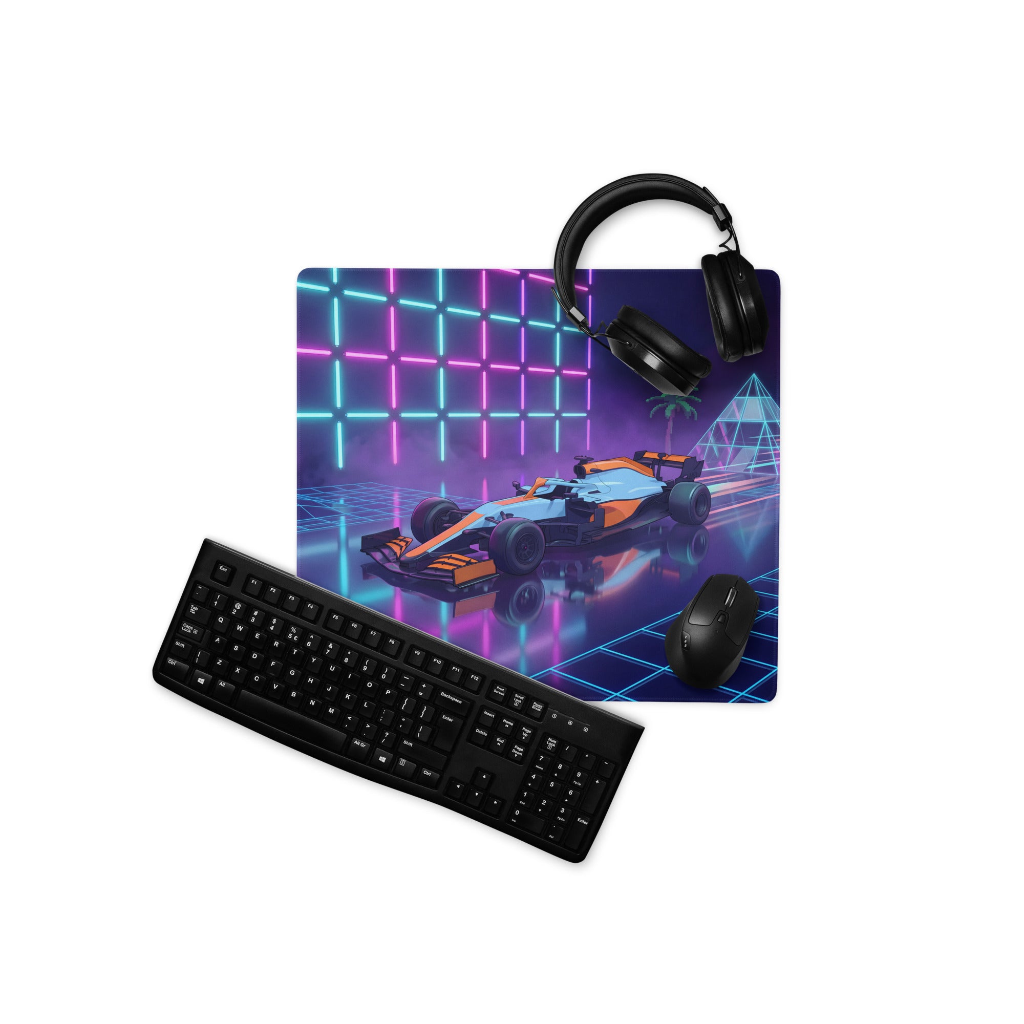 McLaren MCL35M Inspired Orange Blue Vaporwave Gaming Mouse Pad – Neon Retro Futuristic Formula 1 Desk Mat with Synthwave Grid and Racing Art