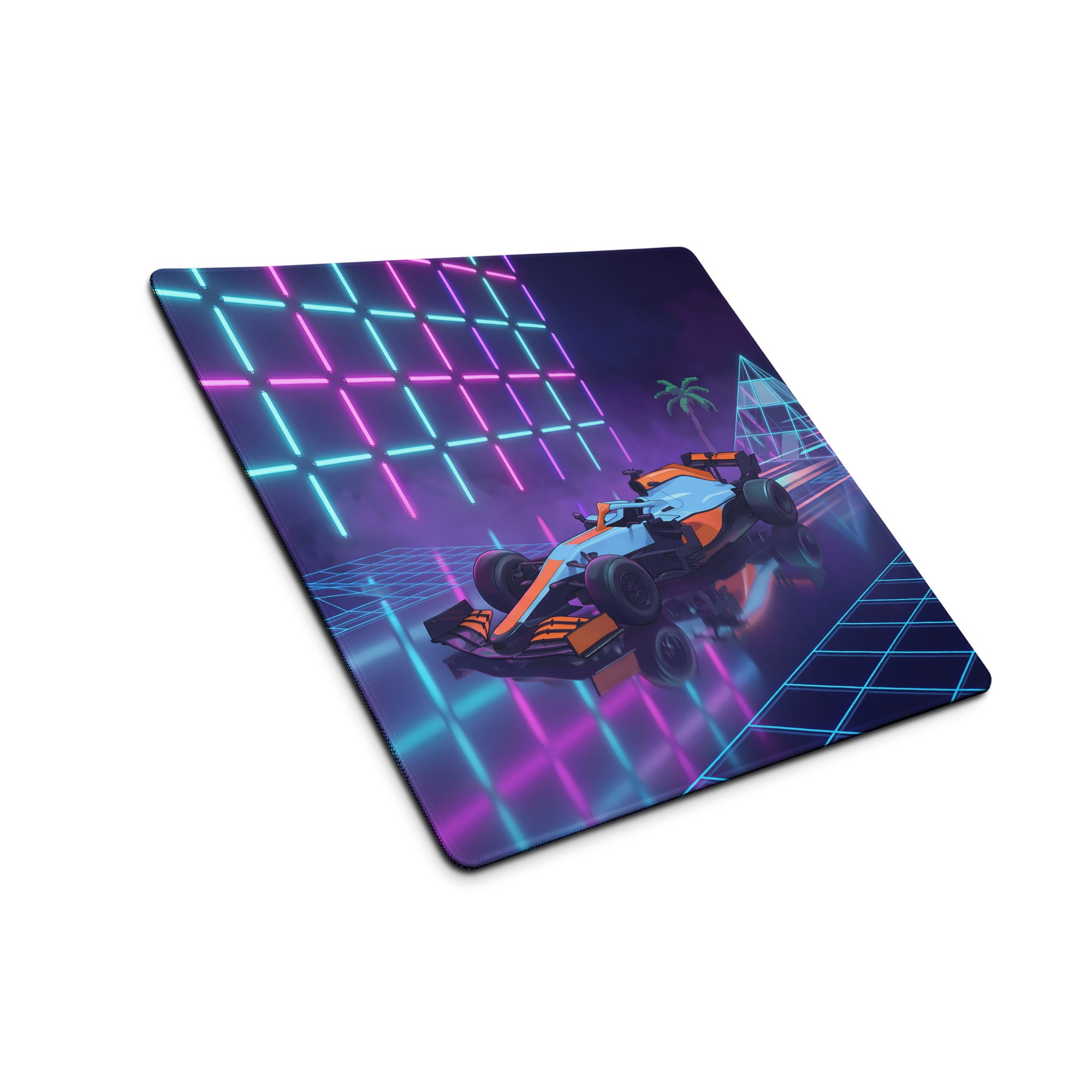 McLaren MCL35M Inspired Orange Blue Vaporwave Gaming Mouse Pad – Neon Retro Futuristic Formula 1 Desk Mat with Synthwave Grid and Racing Art