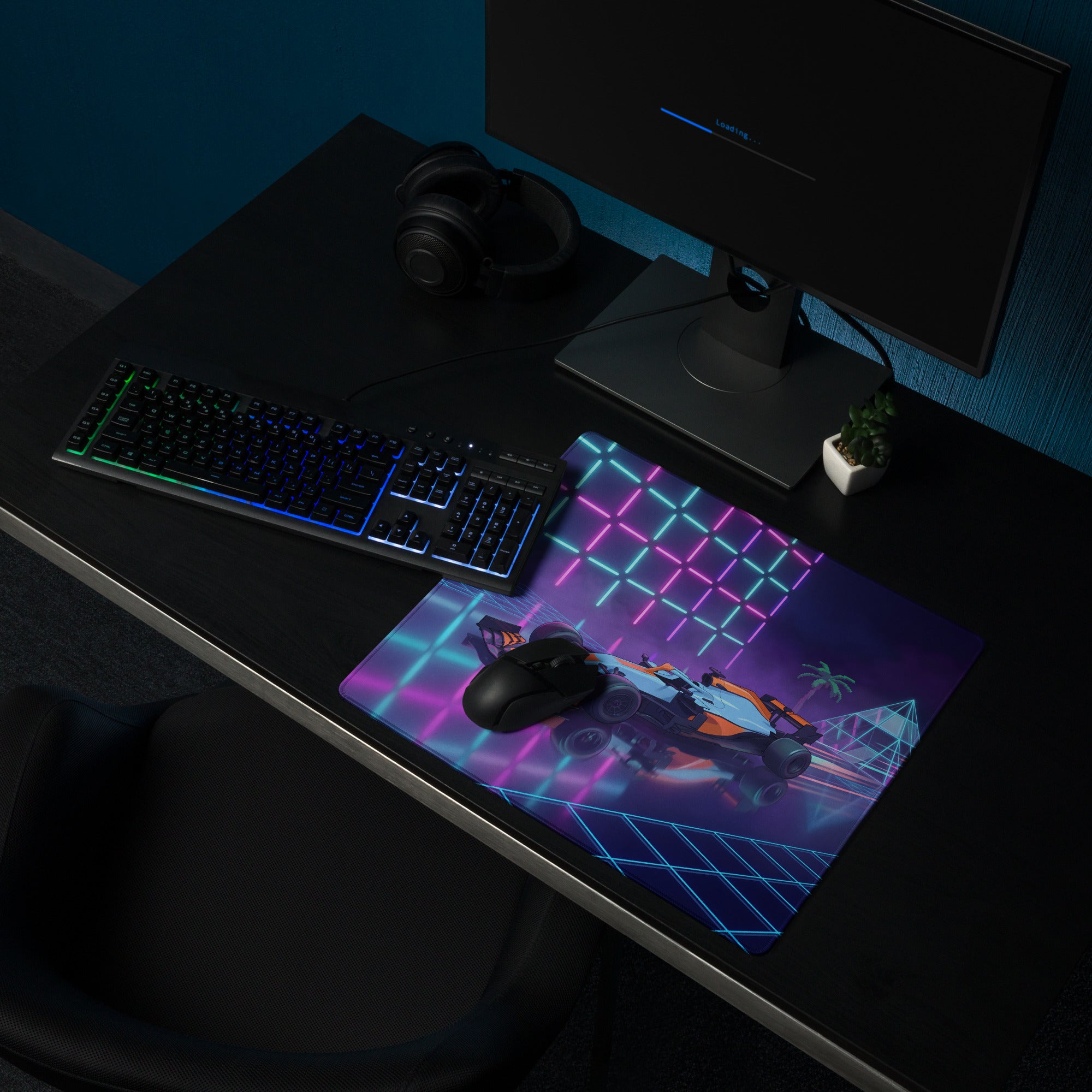 McLaren MCL35M Inspired Orange Blue Vaporwave Gaming Mouse Pad – Neon Retro Futuristic Formula 1 Desk Mat with Synthwave Grid and Racing Art
