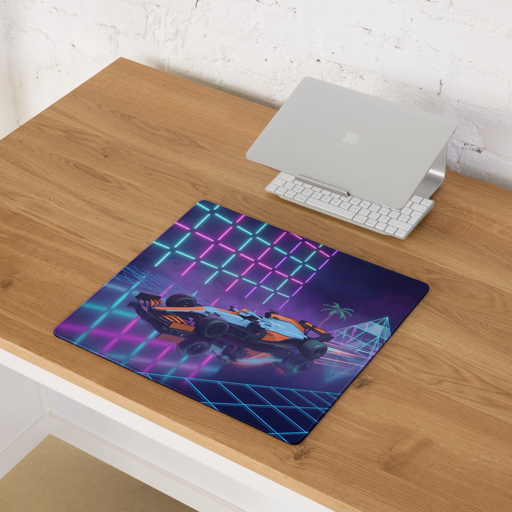 McLaren MCL35M Inspired Orange Blue Vaporwave Gaming Mouse Pad – Neon Retro Futuristic Formula 1 Desk Mat with Synthwave Grid and Racing Art