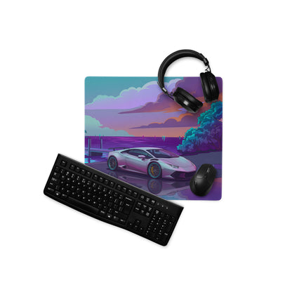 Lamborghini Huracán STO Inspired White Vaporwave Gaming Mouse Pad – Purple Cyan Tropical Waterfront Desk Mat with Dreamy Retro Futuristic Supercar Art