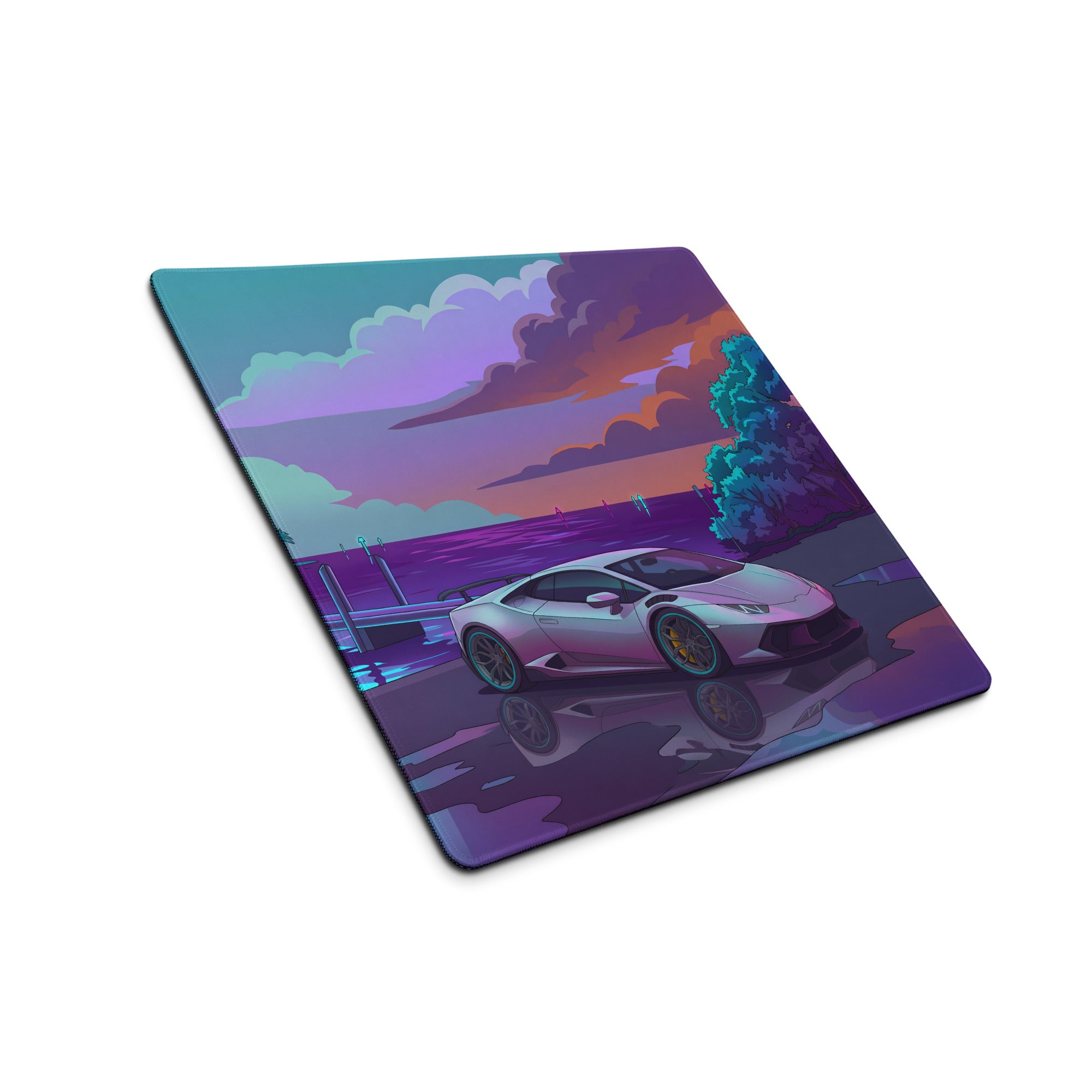 Lamborghini Huracán STO Inspired White Vaporwave Gaming Mouse Pad – Purple Cyan Tropical Waterfront Desk Mat with Dreamy Retro Futuristic Supercar Art