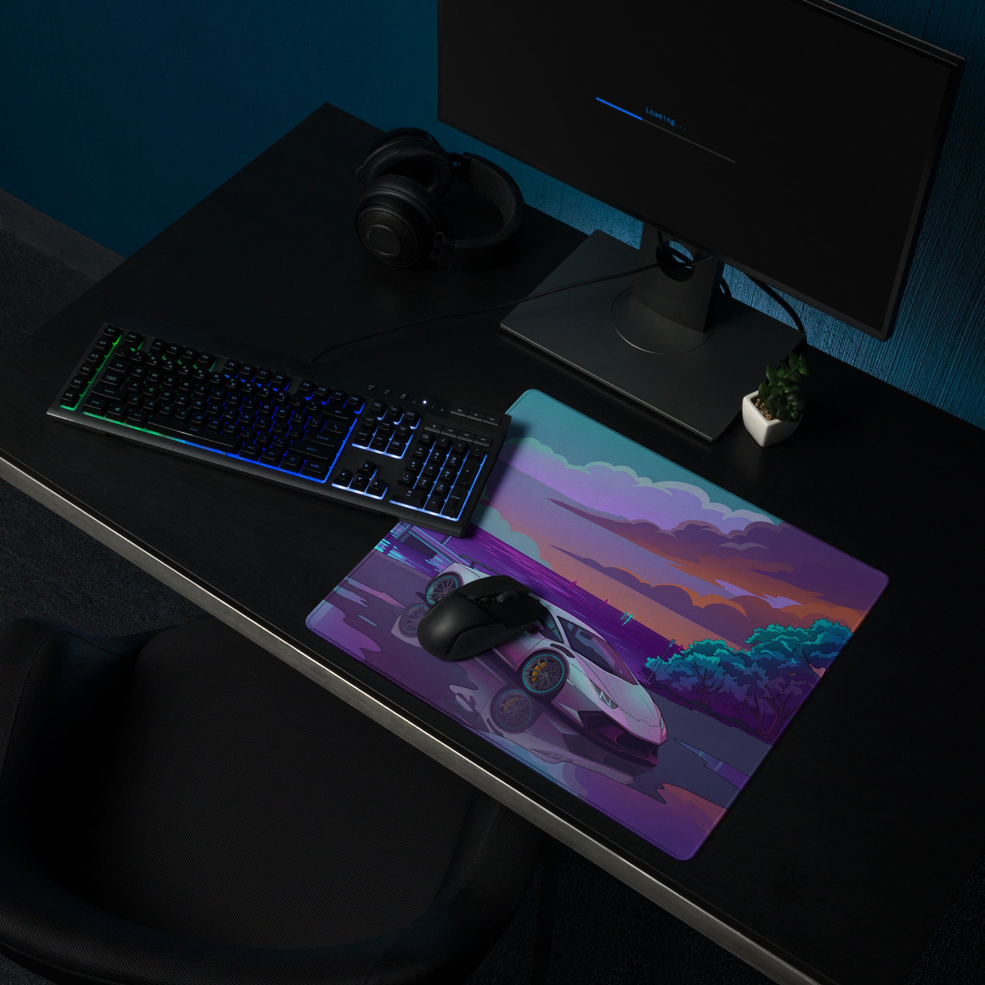 Lamborghini Huracán STO Inspired White Vaporwave Gaming Mouse Pad – Purple Cyan Tropical Waterfront Desk Mat with Dreamy Retro Futuristic Supercar Art