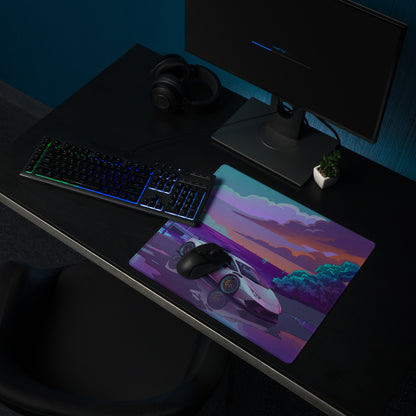 Lamborghini Huracán STO Inspired White Vaporwave Gaming Mouse Pad – Purple Cyan Tropical Waterfront Desk Mat with Dreamy Retro Futuristic Supercar Art